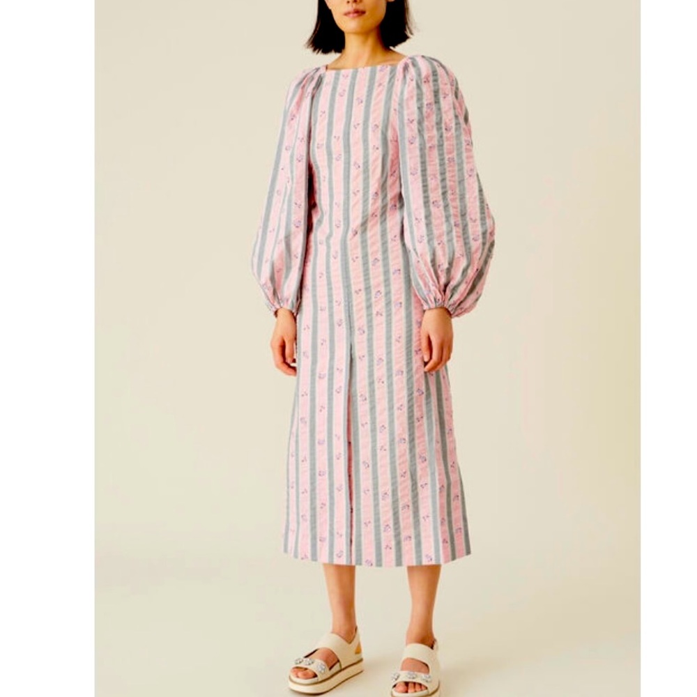 NWT GANNI $295 Cotton Seersucker Midi Dress in Pink Nectar,Size36,US6,100%Cotton